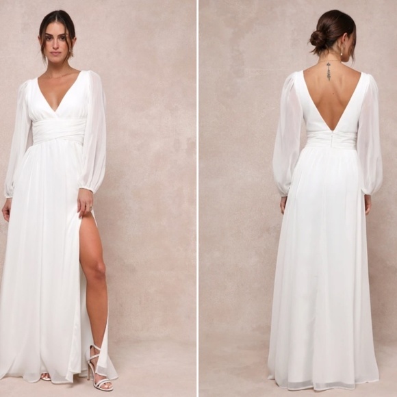 LULU's Bridal Wedding Romantic Flowy Boho Chiffon Long Sleeve Dress NWOT - Picture 4 of 4